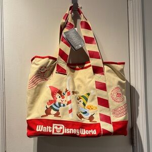 Disney Red and Cream canvas Tote Bag with Chip and Dale